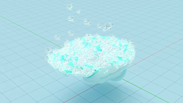 Blue brain On blue grid pattern and green screen. Represents analytical thinking, decision making. Building brain using cube shape. Minimal idea concept, 3D Render.