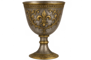Antique-style goblet featuring a prominent fleur-de-lis motif, set against a transparent background