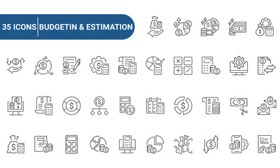 Budgeting and Estimation set of web icons in line or outline style. Icons for web and mobile app. Outline icons collection. Editable Stroke. Vector illustration