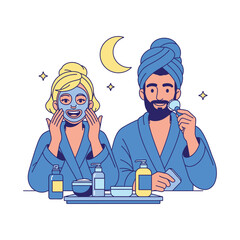 A loving couple in bathrobes enjoying their evening skincare routine together. The woman applies a clay mask while the man uses a facial roller.