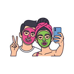 A couple taking a selfie while wearing face masks, smiling and making a peace sign.