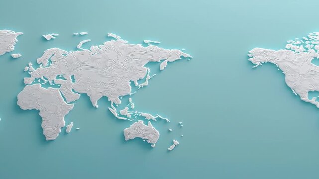 World map, embossed white, light teal background