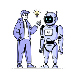 Fototapeta premium A young innovator gets a bright idea, symbolized by a lightbulb, while collaborating with a friendly AI robot assistant for future projects