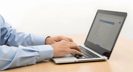 Typing on laptop keyboard close up for business work and online communication concept