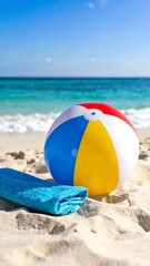 Obraz premium Beach ball and towel on sand