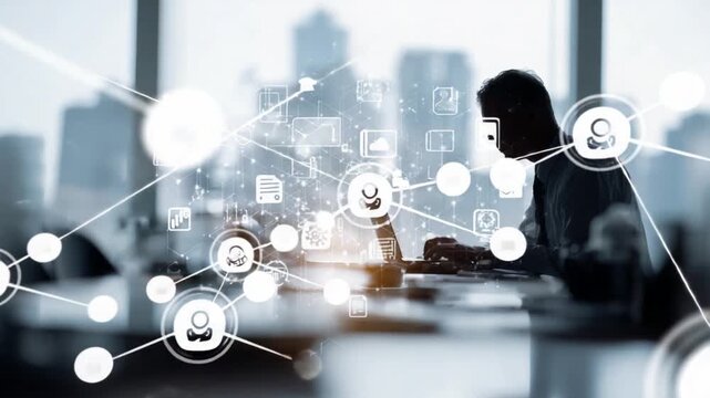 Networker: Silhouette of person working on laptop, connected through a digital network, represents a modern professional in the digital age.