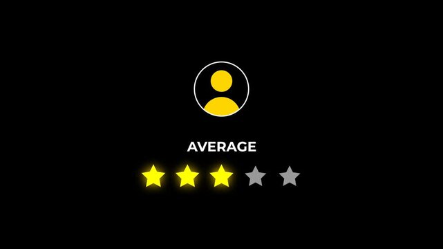 Animated three yellow stars with Average label on transparent background. Suitable for feedback, ratings, UI, and service quality content.