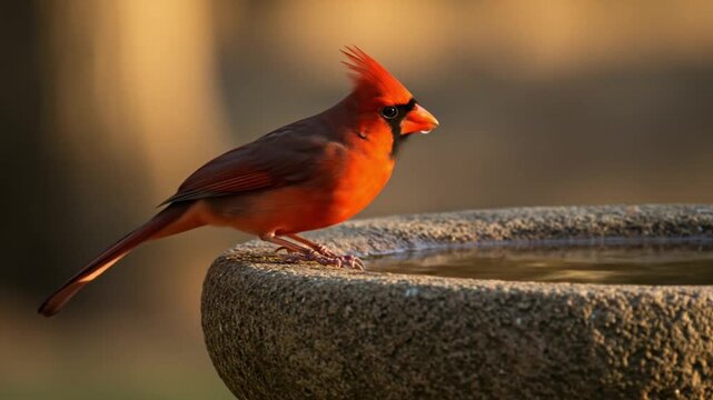 Northern cardinal drinking from bird bath