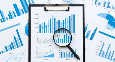 Close up of a clipboard with charts and graphs and a magnifying glass analyzing fig eight data