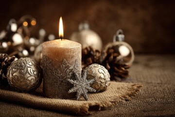 Horizontal image of holiday decor with a candle set against a brown backdrop