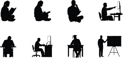 Silhouette figures engaged in various activities including reading studying and working
