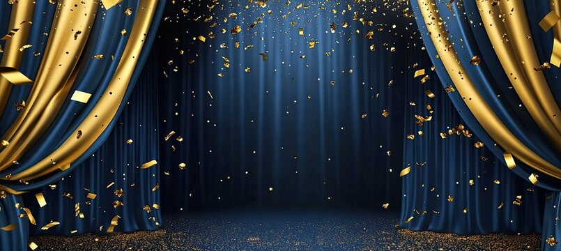 Dark navy blue curtains with gold accents, confetti falling