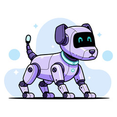 Fototapeta premium A cute robotic puppy illustration in a vibrant purple color scheme. This futuristic AI companion animal has expressive digital pixel eyes.