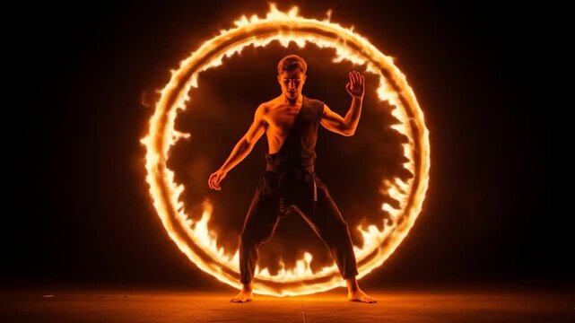 Martial Artist Performing with a Ring of Fire in Dark Studio Setting