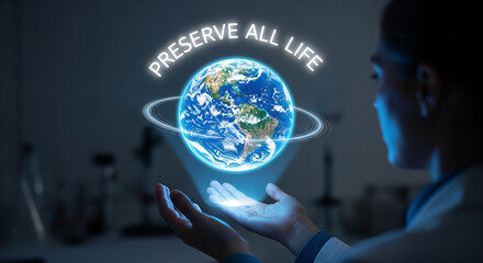 Scientist holds glowing holographic Earth with 'Preserve All Life' text, symbolizing environmental protection and future.