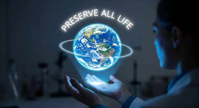 Scientist holds glowing holographic Earth with 'Preserve All Life' text, symbolizing environmental protection and future. - Powered by Adobe