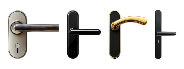 Collection of four modern door handles in different styles isolated on transparent background