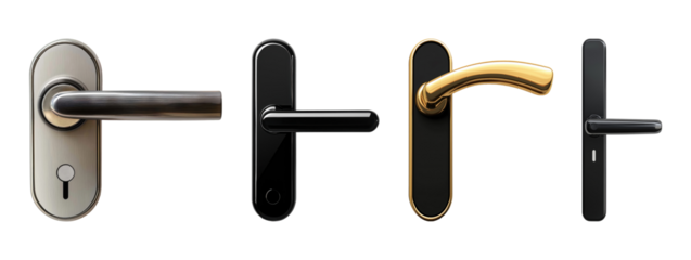 Collection of four modern door handles in different styles isolated on transparent background