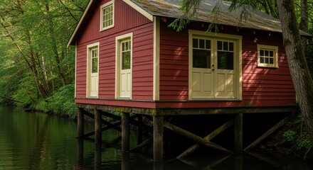 A rustic red boathouse on stilts sits on the edge of a calm river in the forest