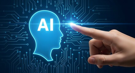 A finger touches a glowing ai head silhouette with circuit board pattern on a dark blue background