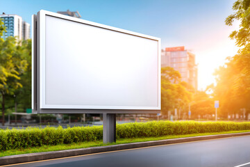 Fototapeta premium Billboard with White Mockup against Sunny Urban Cityscape. Mock up promotion information for marketing announcements and details, blank white space.