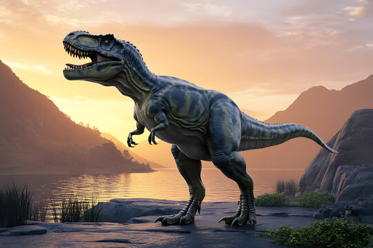 T rex dinosaur roaring in prehistoric landscape at sunset jurassic predator