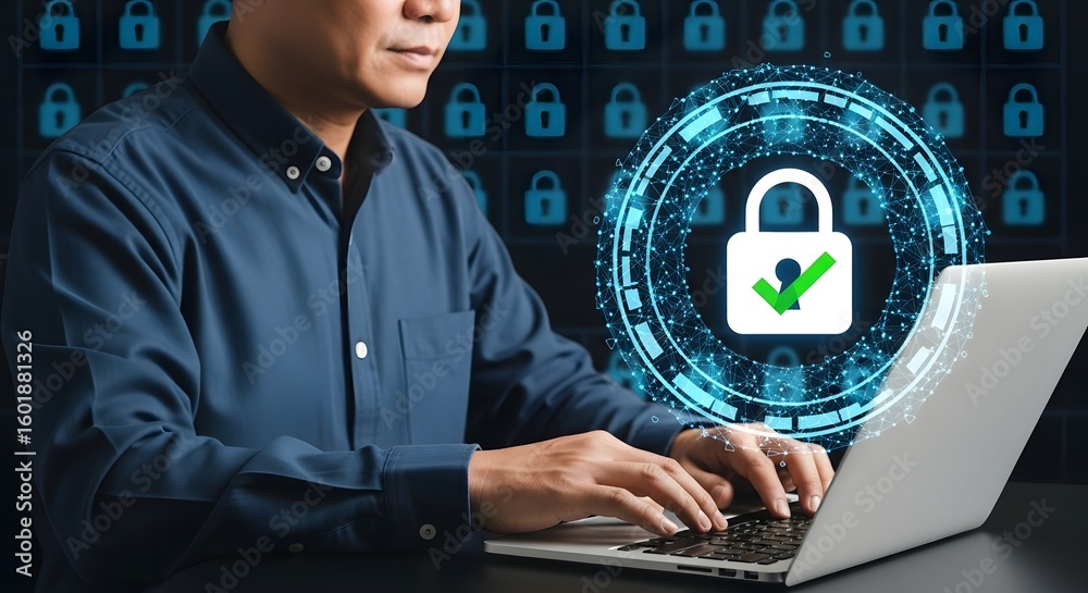 Fototapete Man using laptop with digital padlock and checkmark overlay against padlock background graphic