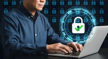 Man using laptop with digital padlock and checkmark overlay against padlock background graphic