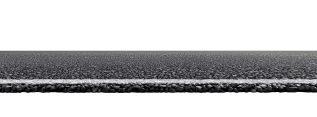 Black asphalt road edge with white painted line marking isolated on transparent background
