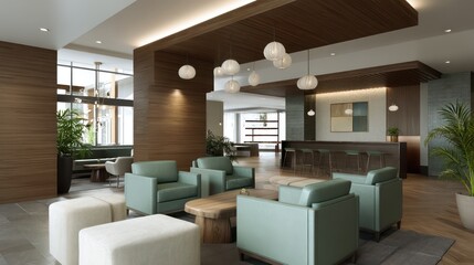 Fototapeta premium Compact lounge corner with hanging globe lights and soft mint chairs, deep maroon and cream palette, rim lighting highlighting