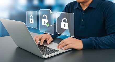 Man using laptop with security icons overlayed showing file protection and data encryption concept