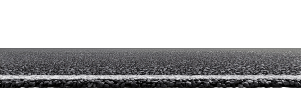 Black asphalt road edge with white painted line marking isolated on transparent background