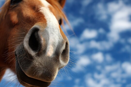 Horse s nostrils and lips against a blue sky and white clouds
