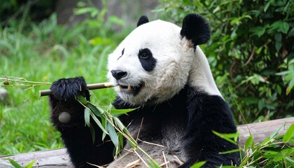 Obraz premium A giant panda is seen eating bamboo, enjoying its meal in a natural setting.