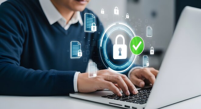 Man typing on a laptop with digital security icons and a padlock with a green checkmark around it - Powered by Adobe