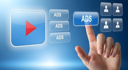 A finger touching an ads button on a blue interface with a play button and user icons seen