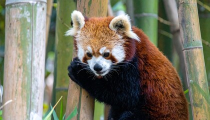 A red panda rests amongst bamboo stalks, looking down while holding food.