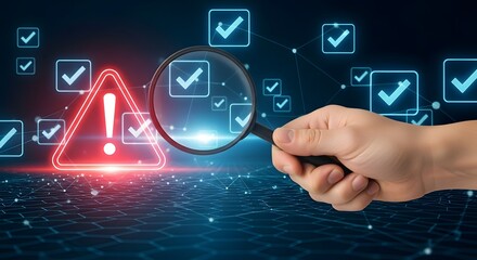 Hand holding magnifying glass over check marks and warning sign on digital background design