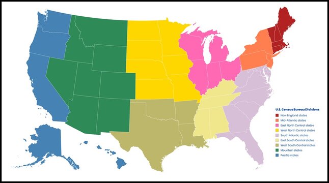 U.S. map showing Census Bureau divisions by region in distinct colors with legend