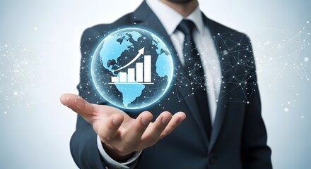 Businessman holding a globe with a rising graph in his hand showing business growth concept