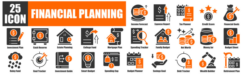 Financial Planning icon pack collection set Income Forecast, Expense Report, Tax Planner, Credit Score, Financial Goals, etc.