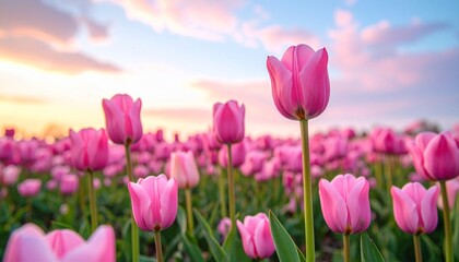 Obraz premium A field of pink tulips stretches to the horizon under a pastel-colored sky at sunset, showcasing vibrant spring blooms.