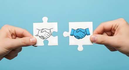 Two hands holding puzzle pieces with handshake drawings against a light blue background view