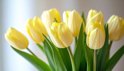 Obraz premium Close-up view of a bouquet of pale yellow tulips, showcasing vibrant blooms and lush green foliage.