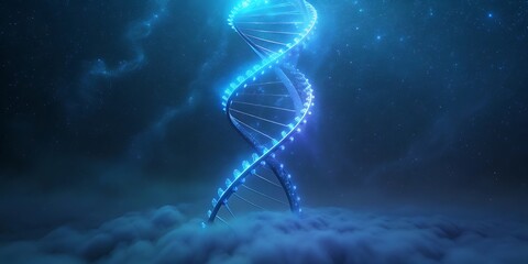 Obraz premium A vibrant blue dna helix emerges from ethereal clouds symbolizing scientific breakthrough.