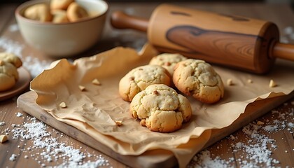Fototapeta premium Golden Cookies on Rustic Wooden Board with Rolling Pin.