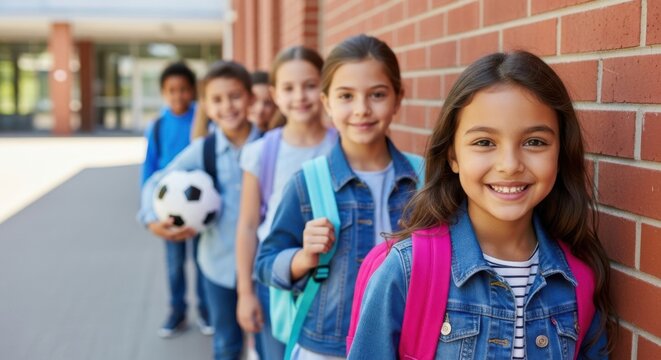 Diverse group of happy children with backpacks and a soccer ball outside school