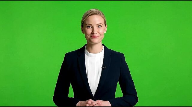 Confident businesswoman smiling and presenting with hand gesture on green screen background, ideal for presentations, explainer videos, and leadership content
