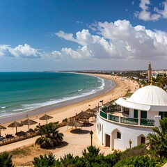 Obraz premium Coastal town with mosque and beach