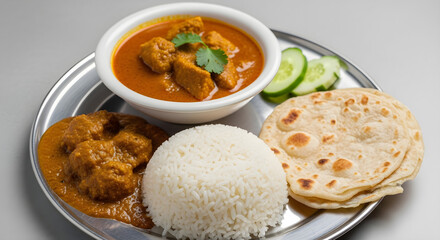 Delicious Indian curry dinner with rice, naan, and vegetables, perfect for food blogs, restaurant menus, and healthy eating campaigns, showcasing vibrant flavors and authentic cuisine